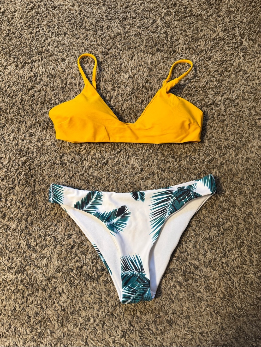 Zaful Yellow Triangle Bikini Top with White Palm-Print Bottom